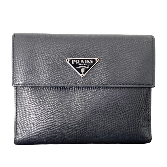 Prada black saffiano leather triangle logo trifold medium snap wallet - Picture 1 of 11